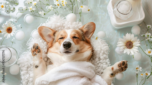 A 3D cute Corgi dog relaxing in spa salon hot sping water with white towel surrounded by white daisy flowers and light bubbles happily with joyful cute expression background