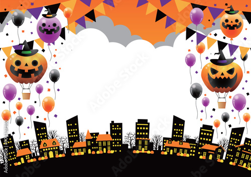 ハロウィン、町並み、背景、雲、かわいい、イラスト、風船、気球、オレンジ、横