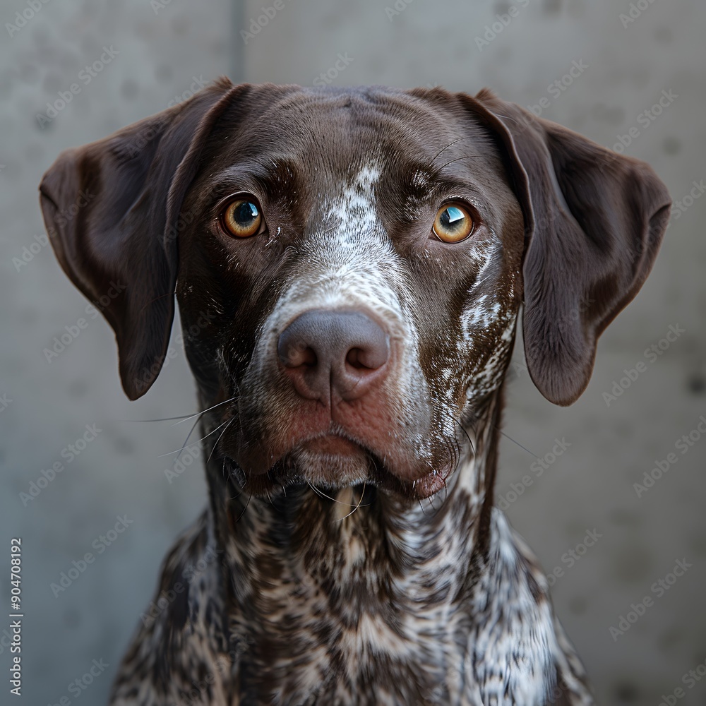 Close-up of a brown and white spotted dog with expressive eyes. Close-up of a brown and white spotted dog with expressive eyes.