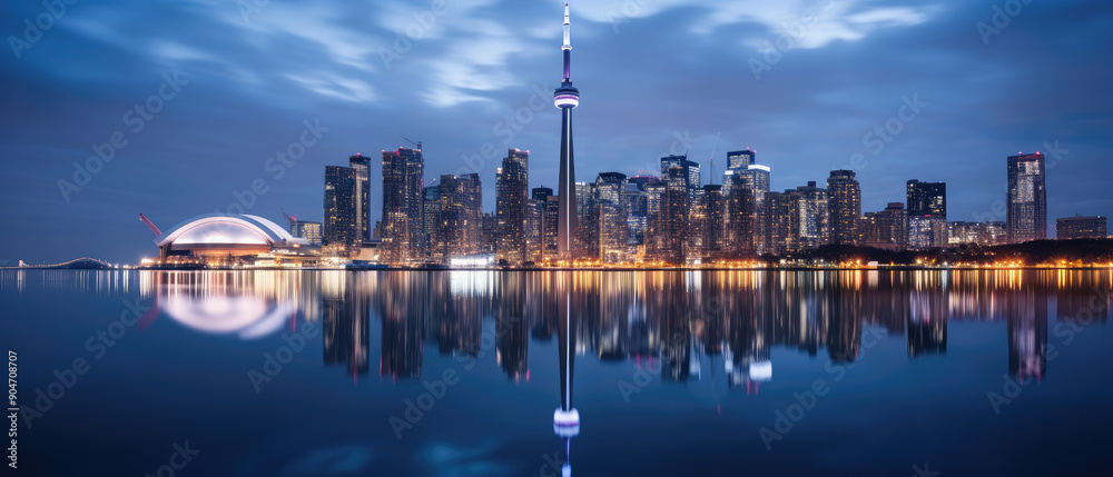 Fototapeta premium Serene Dusk: City Skyline Reflection on Water