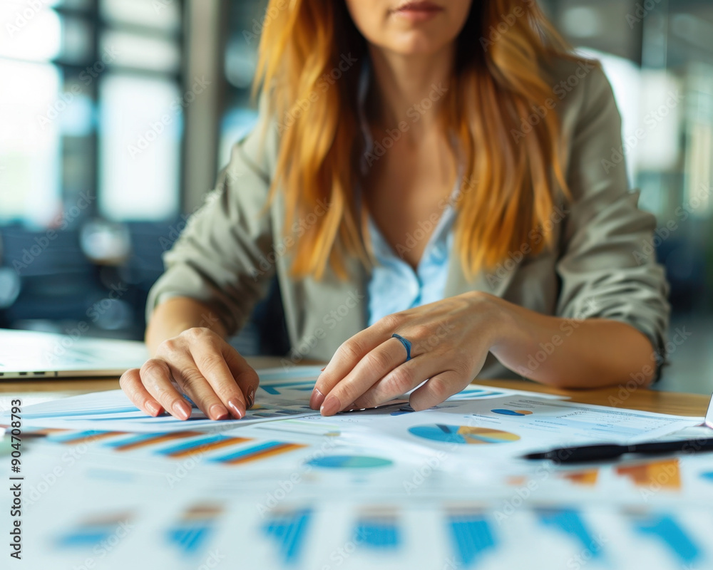 Fototapeta premium A businesswoman analyzing charts and graphs while strategizing on a project in a modern office setting.
