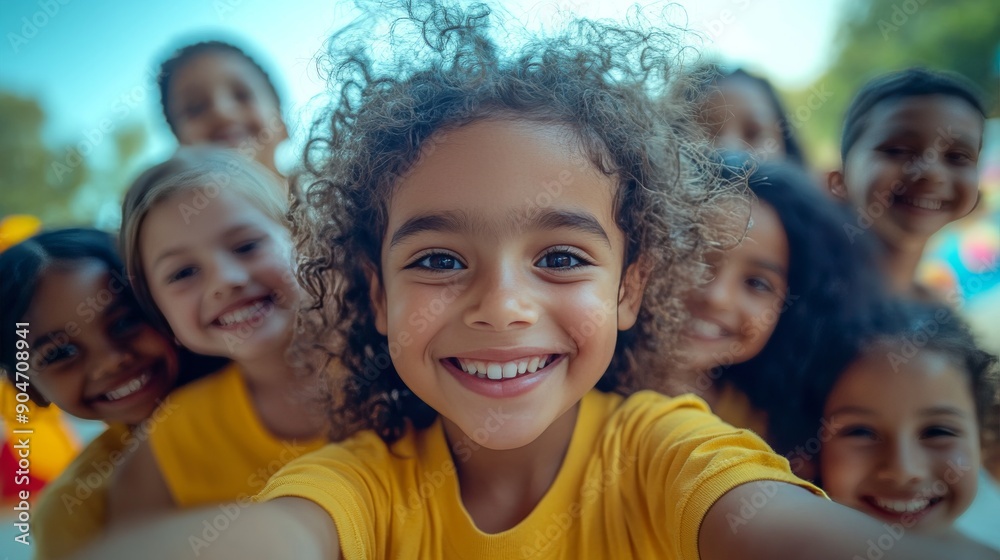 Joyful Group of Diverse Children Taking a Group Selfie, Highlighting Cheerful Expressions and Playful Atmosphere Joyful Group of Diverse Children Taking a Group Selfie, Highlighting Cheerful Expressions and Playful Atmosphere