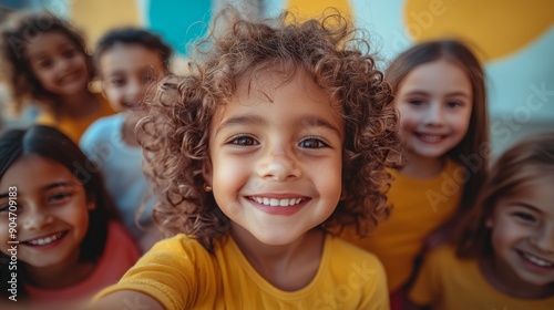 Joyful Group of Diverse Children Taking a Group Selfie, Highlighting Cheerful Expressions and Playful Atmosphere