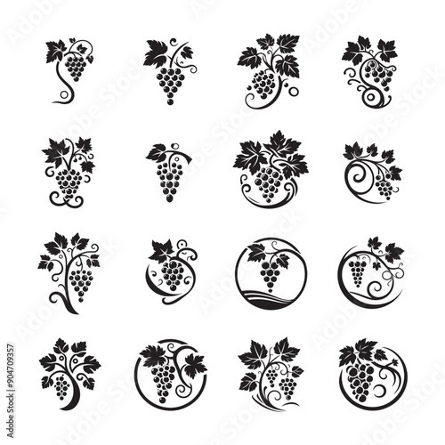 Grapevine vector icon set, grapevine ornaments, grapevine silhouette collection, logo design, black grapevine, Grape silhouette with leaves, 