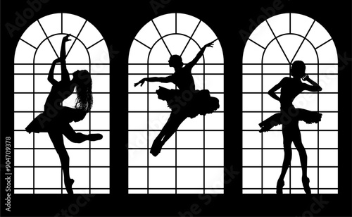 baile, danza, silueta, bailarina, danza ritmica, silueta, deporte, ballet, vector, ballet, movimiento, ventanal, contraluz