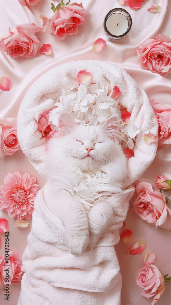 Top view close-up photo of a white cute ragdoll cat lies on its back in the spa with roses and candle lights in romantic pink silk background Top view close-up photo of a white cute ragdoll cat lies on its back in the spa with roses and candle lights in romantic pink silk background