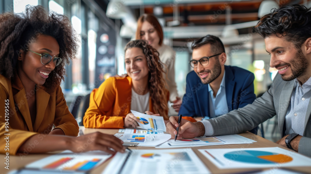 A diverse group of professionals collaborate in a modern office, analyzing data and discussing strategies over documents and charts. A diverse group of professionals collaborate in a modern office, analyzing data and discussing strategies over documents and charts.