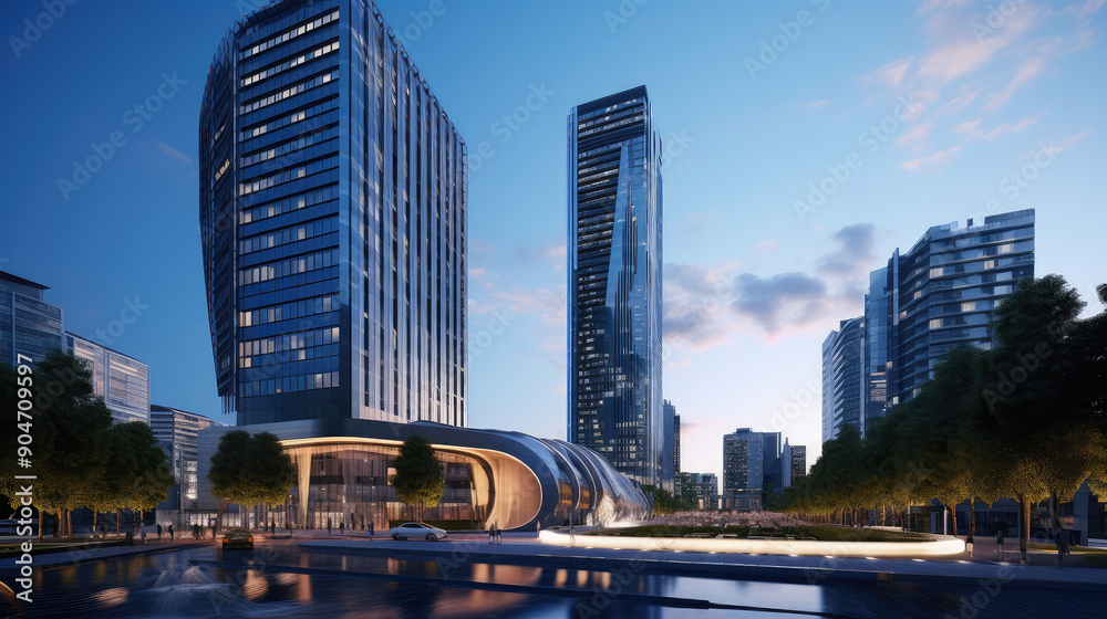 Naklejka premium Modern Urban Skyline at Dusk