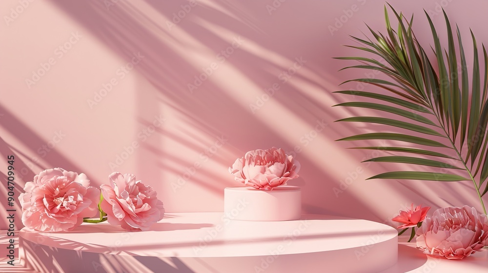 3D podium display, pastel pink background with gift rose flowers. Peonies flower and palm leaf shadow. Minimal pedestal for beauty, cosmetic product. Valentine, feminine copy space template 3d render4 3D podium display, pastel pink background with gift rose flowers. Peonies flower and palm leaf shadow. Minimal pedestal for beauty, cosmetic product. Valentine, feminine copy space template 3d render4