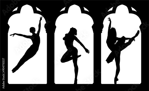 baile, danza, silueta, bailarina, danza ritmica, silueta, deporte, ballet, vector, ballet, movimiento, ventanal, contraluz