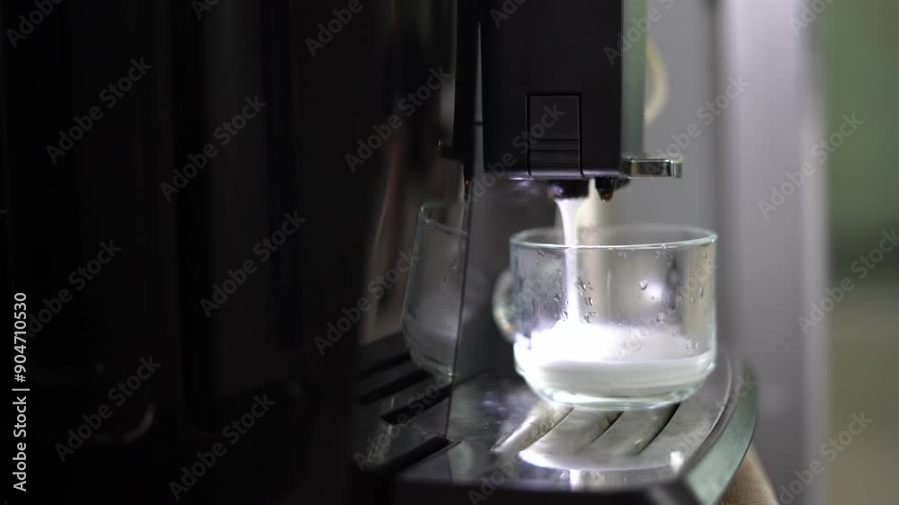 Close-up of a coffee machine pouring steamed milk into a transparent glass cup. The scene focuses on the milk frothing process, highlighting the machine's functionality.
Close-up of a coffee machine pouring steamed milk into a transparent glass cup. The scene focuses on the milk frothing process, highlighting the machine's functionality.