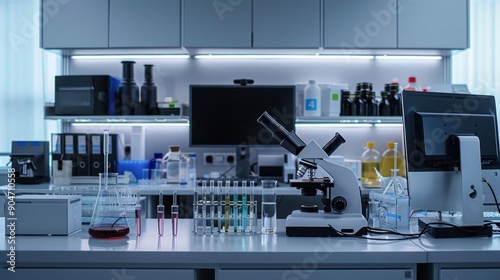 A modern laboratory workspace featuring a microscope, test tubes, and scientific equipment for research and analysis.