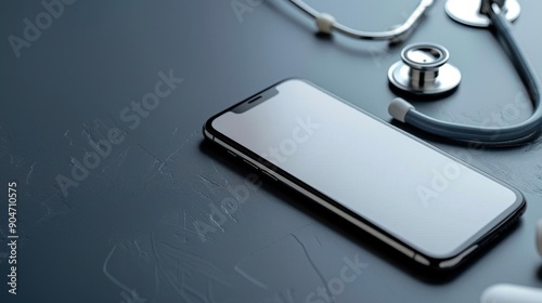 A modern smartphone alongside a stethoscope on a sleek surface, symbolizing healthcare technology and communication.