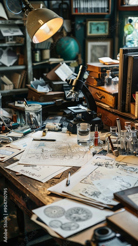 Design a captivating high-angle image showcasing a cluttered desk with scattered scientific notes, books, and sketches Include subtle elements like a microscope, test tubes, Design a captivating high-angle image showcasing a cluttered desk with scattered scientific notes, books, and sketches Include subtle elements like a microscope, test tubes,