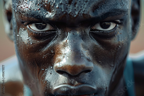 Close-up of a runner’s focused face, showing intense effort and sweat, striving towards a goal