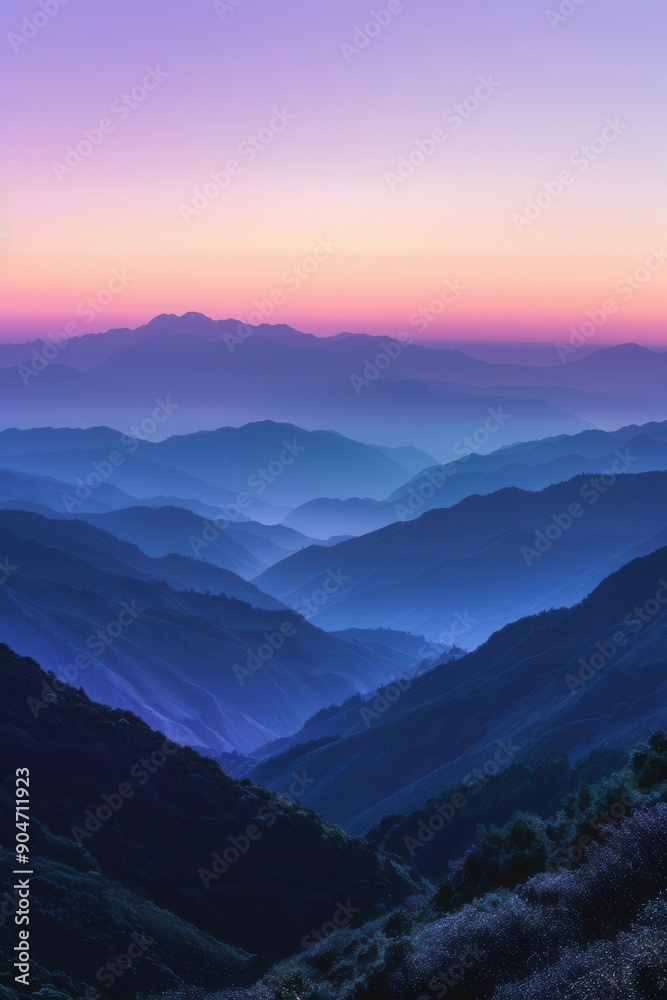 Soft gradient backdrop from lavender to white, worm's-eye view of mountain range at sunrise, sky available for text Soft gradient backdrop from lavender to white, worm's-eye view of mountain range at sunrise, sky available for text
