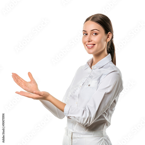 Smiling female receptionist in uniform hand presenting something side view isolate on transparency background