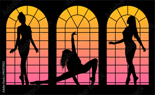 baile, danza, silueta, bailarina, danza ritmica, silueta, deporte, ballet, vector, ballet, movimiento, ventanal, contraluz