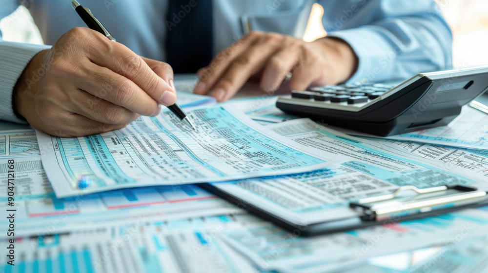 Business professional analyzing financial documents with calculator, focusing on numerical data and calculations for accuracy. Business professional analyzing financial documents with calculator, focusing on numerical data and calculations for accuracy.