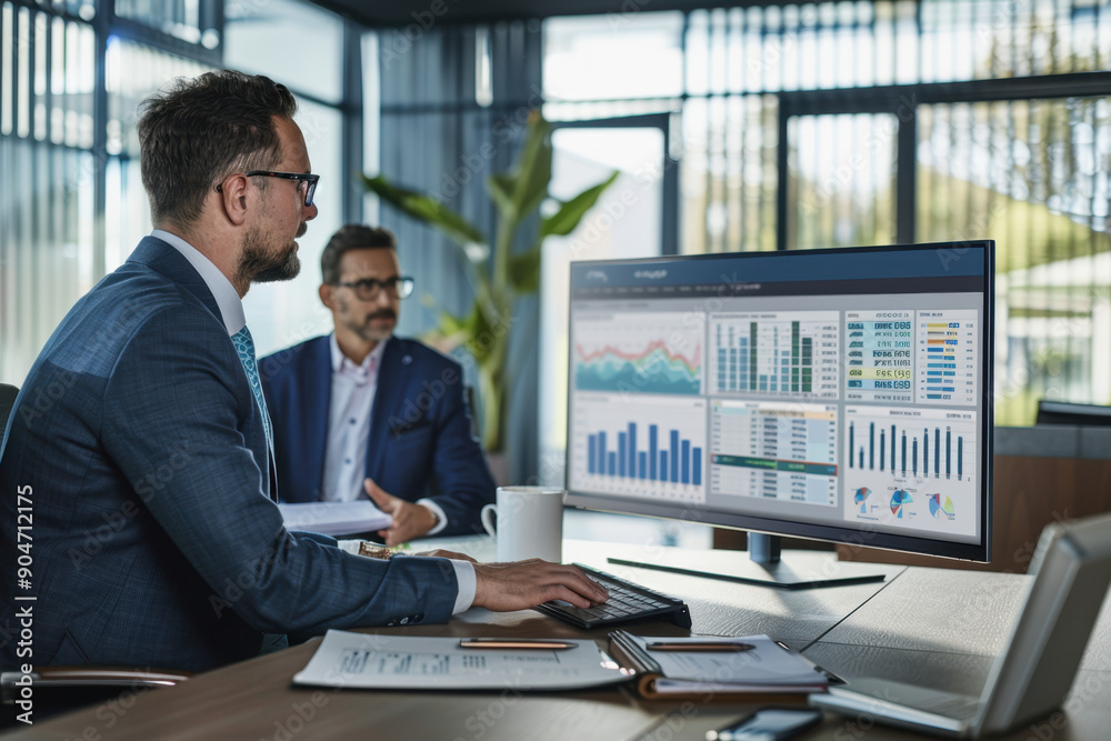 Business professionals analyzing data on a modern computer screen in a bright office environment. Business professionals analyzing data on a modern computer screen in a bright office environment.