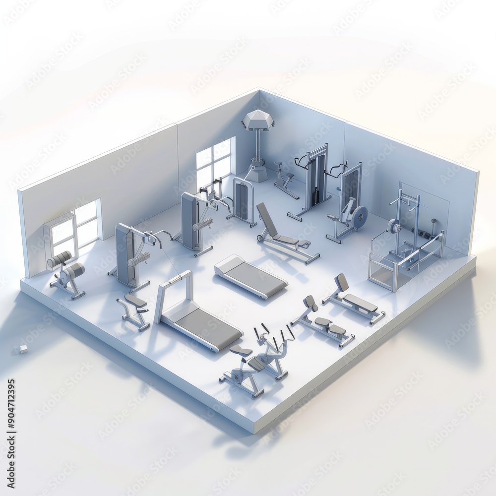 3D Render, Low Poly style of Gym Area, on isolated white background, Generative AI 3D Render, Low Poly style of Gym Area, on isolated white background, Generative AI