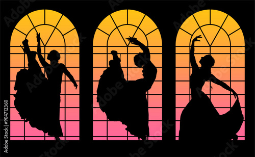 baile, danza, silueta, bailarina, danza ritmica, silueta, deporte, ballet, vector, ballet, movimiento, ventanal, contraluz
