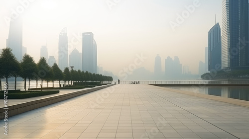 Misty Urban Skyline with Promenade