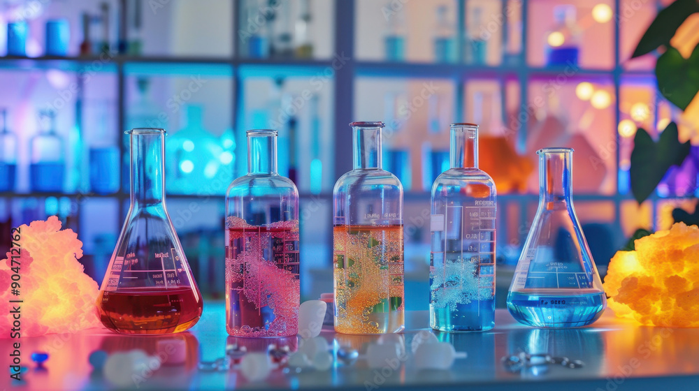 Colorful glass flasks filled with vibrant liquids create a captivating laboratory scene, showcasing scientific exploration and creativity. Colorful glass flasks filled with vibrant liquids create a captivating laboratory scene, showcasing scientific exploration and creativity.