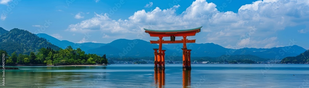 Obraz premium Stunning Torii Gate Standing In Calm Waters Against Mountainous Background During Daytime