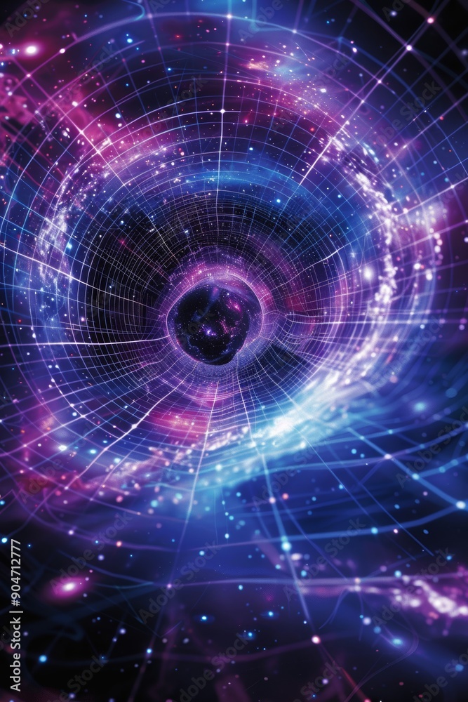 Obraz premium space-time continuum illustrates a warped space grid set against a cosmic background.