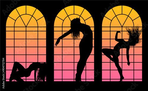 baile, danza, silueta, bailarina, danza ritmica, silueta, deporte, ballet, vector, ballet, movimiento, ventanal, contraluz