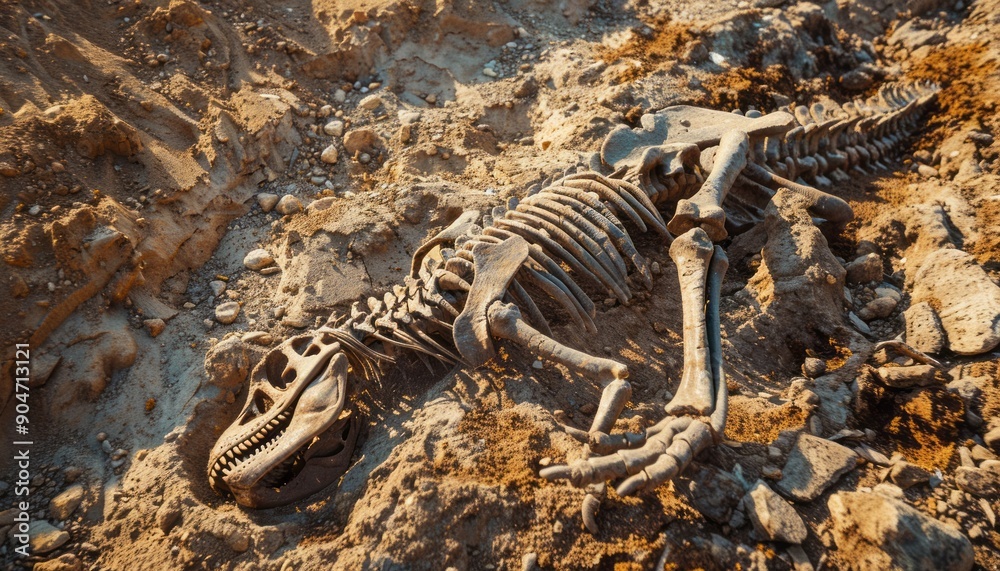 Naklejka premium Fossilized Dinosaur Skeleton Unearthed Amidst Rocky Terrain in a Remote Location