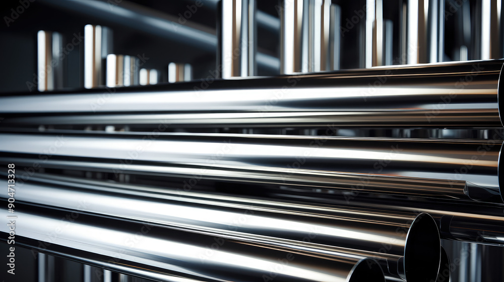 Obraz premium Shiny Industrial Steel Pipes in a Warehouse