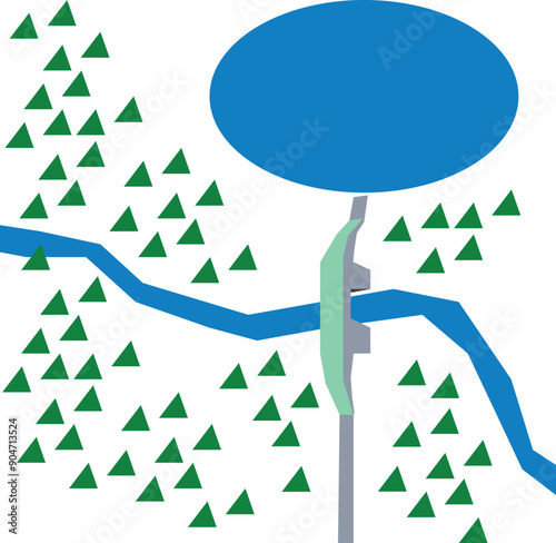 A primitive semblance of a map of the area, where there is a bridge, a river, a lake and triangular trees.