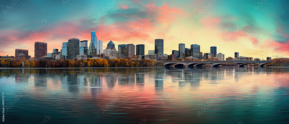 Naklejka premium Vibrant City Skyline at Sunset Reflection
