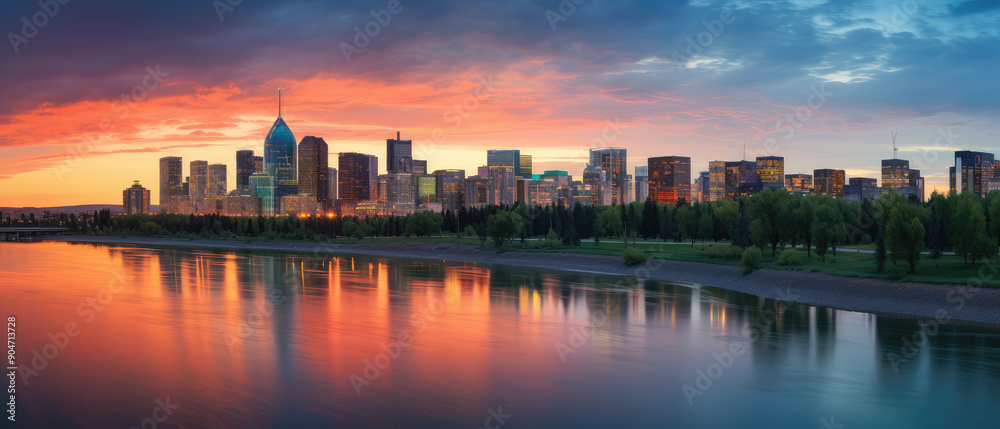Fototapeta premium Stunning City Skyline at Sunset with River Reflection