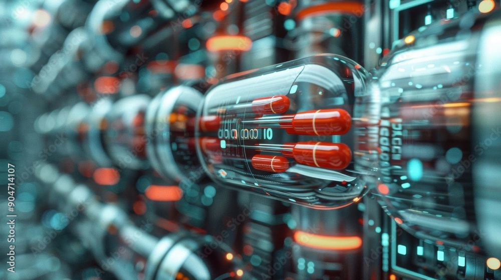 Fototapeta premium Futuristic pill in a high-tech environment showcasing advanced technology and digital elements for medical and sci-fi themes.