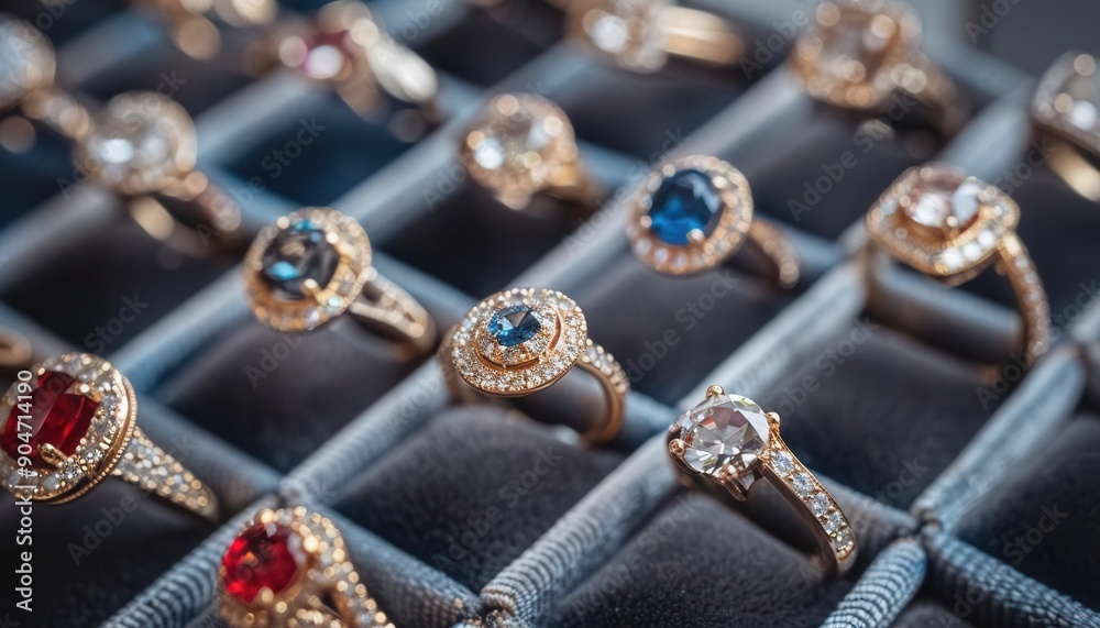 Stunning bird's-eye view of high-end designer rings, space for text Stunning bird's-eye view of high-end designer rings, space for text