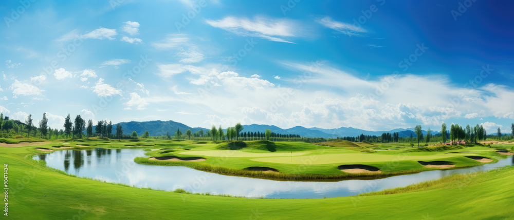 Serene Golf Course Panorama with Blue Sky Serene Golf Course Panorama with Blue Sky