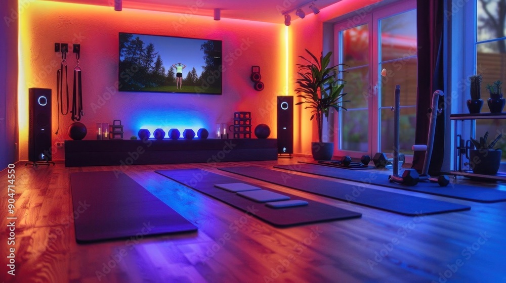 Modern fitness room with vibrant lighting, yoga mats, and workout equipment for a dynamic exercise environment. Modern fitness room with vibrant lighting, yoga mats, and workout equipment for a dynamic exercise environment.