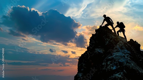 Two Hikers Reaching the Summit at Sunset