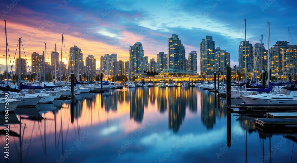 Obraz premium Vibrant City Skyline and Marina at Sunset