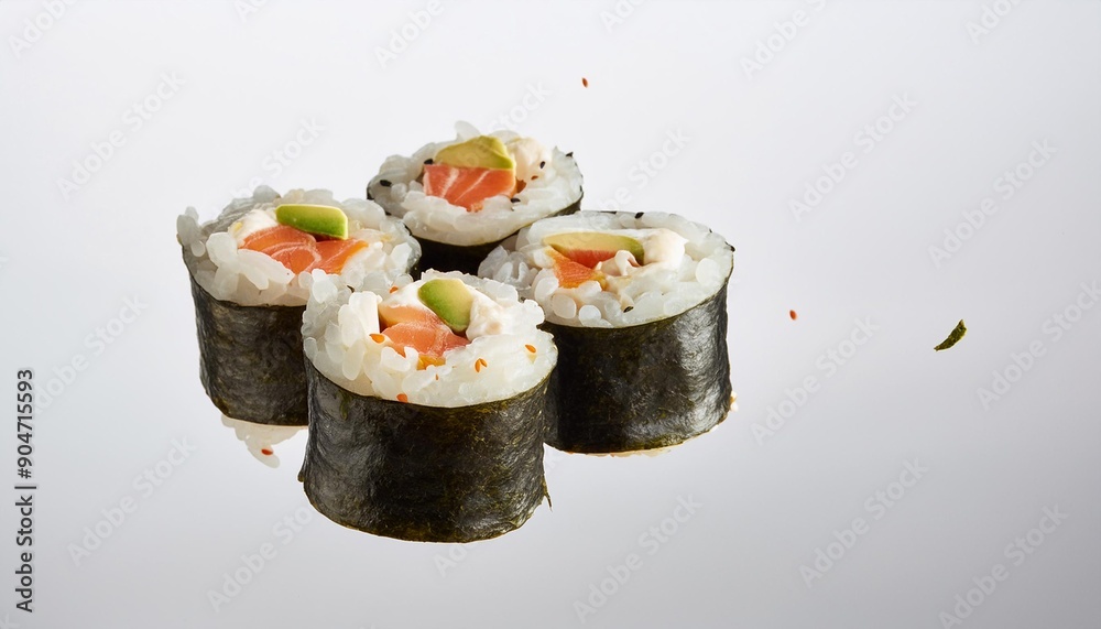 floating sushi roll with white background. isolated. floating sushi roll with white background. isolated.
