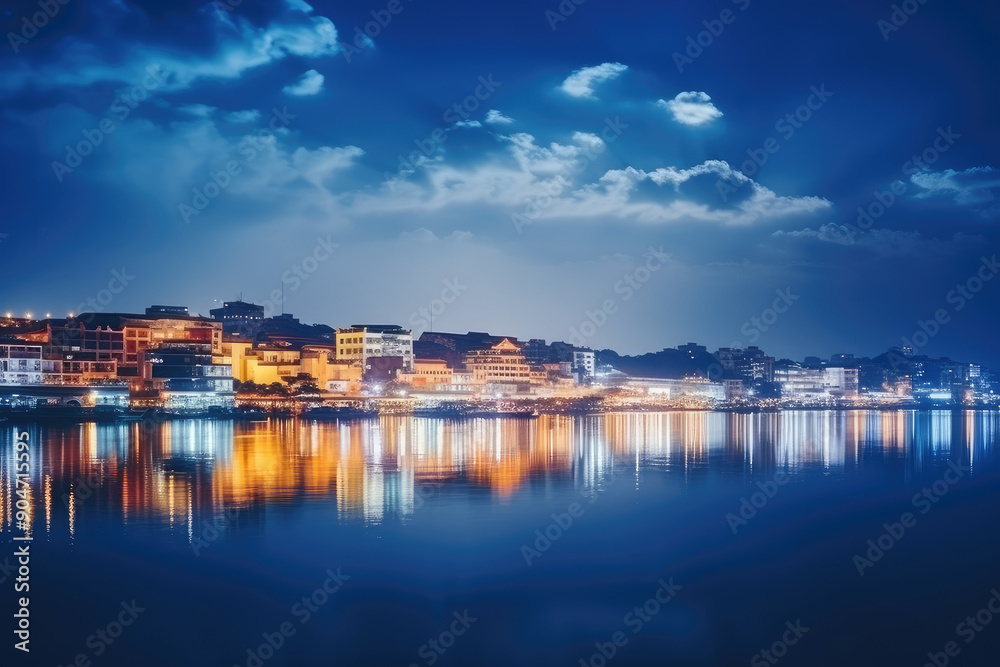 Obraz premium Serene Night Cityscape by the Lake
