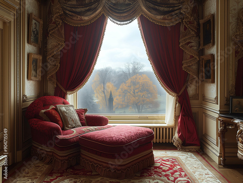 Royal Bedroom Makeover: Luxurious Damask Curtains in a Themed Setting photo