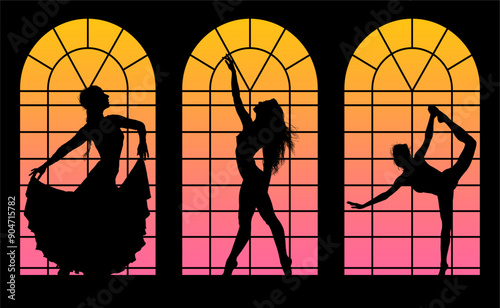 baile, danza, silueta, bailarina, danza ritmica, silueta, deporte, ballet, vector, ballet, movimiento, ventanal, contraluz