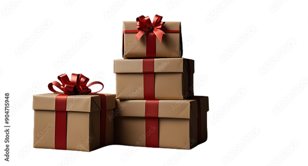 Obraz premium Festive Christmas Gifts and Present Boxes Isolated PNG Transparent for Holiday Decor and Seasonal Design.