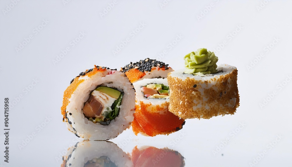 floating sushi roll with white background. isolated. floating sushi roll with white background. isolated.