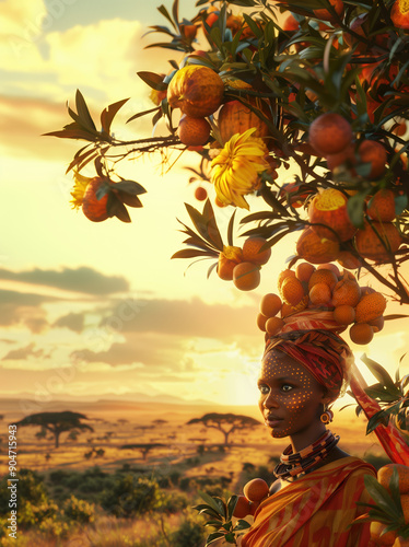 Radiant Glowing Skin Enhanced with Baobab Extract Surrounded by Baobab Fruit on a Vast African Savanna photo