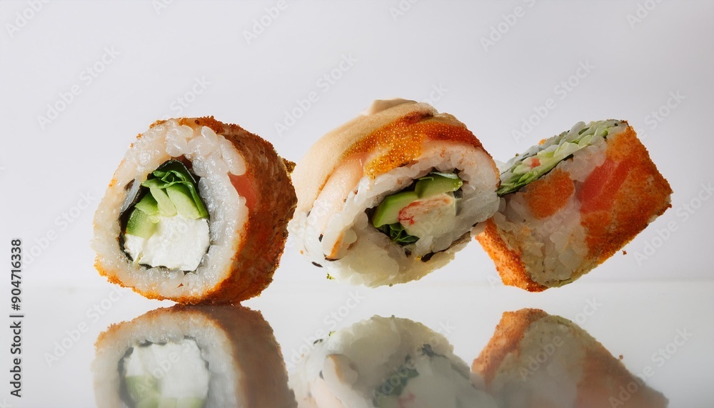 floating sushi roll with white background. isolated. floating sushi roll with white background. isolated.